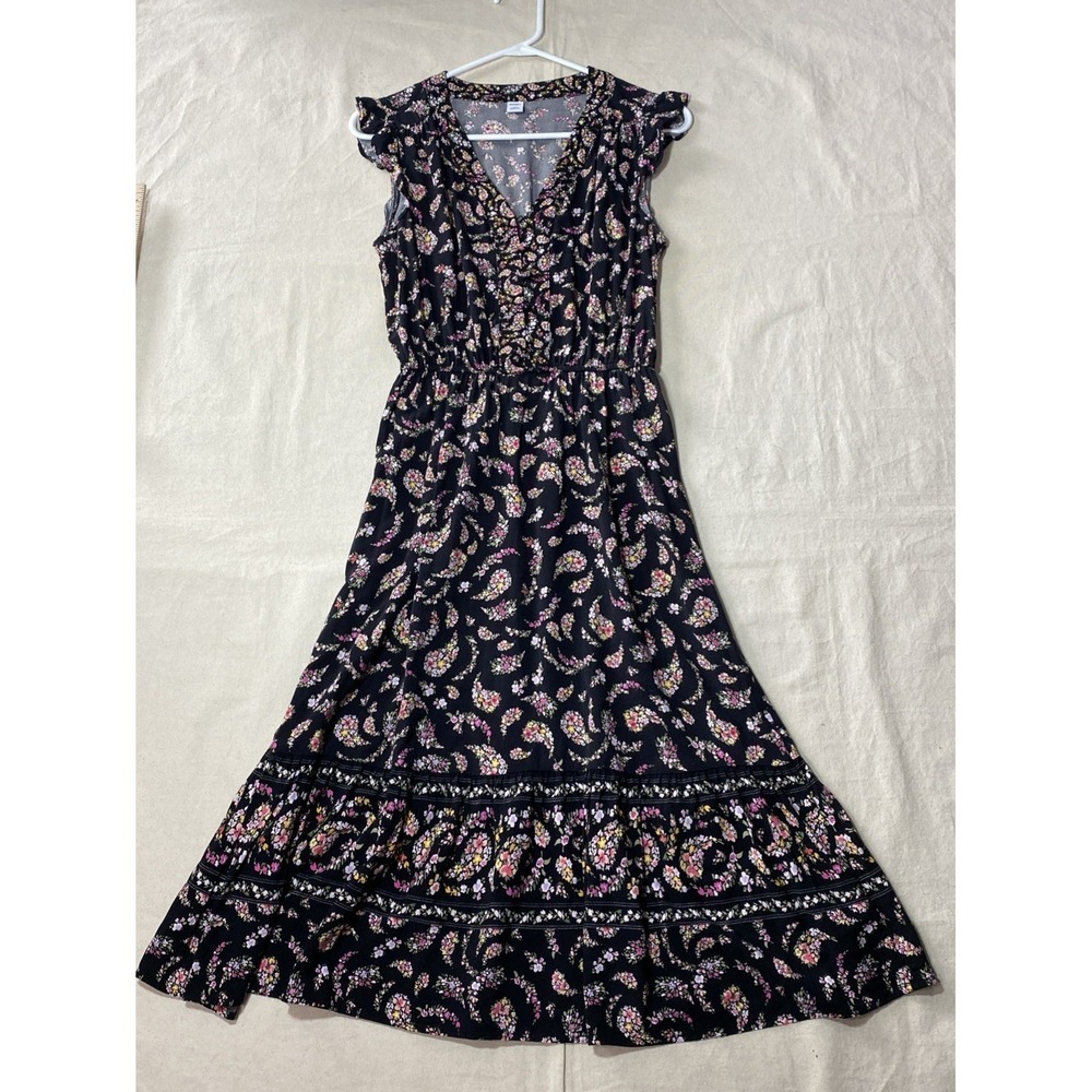 Vtg Old Navy Dress Women XS Multicolor Floral Black Summer Dress Y2K